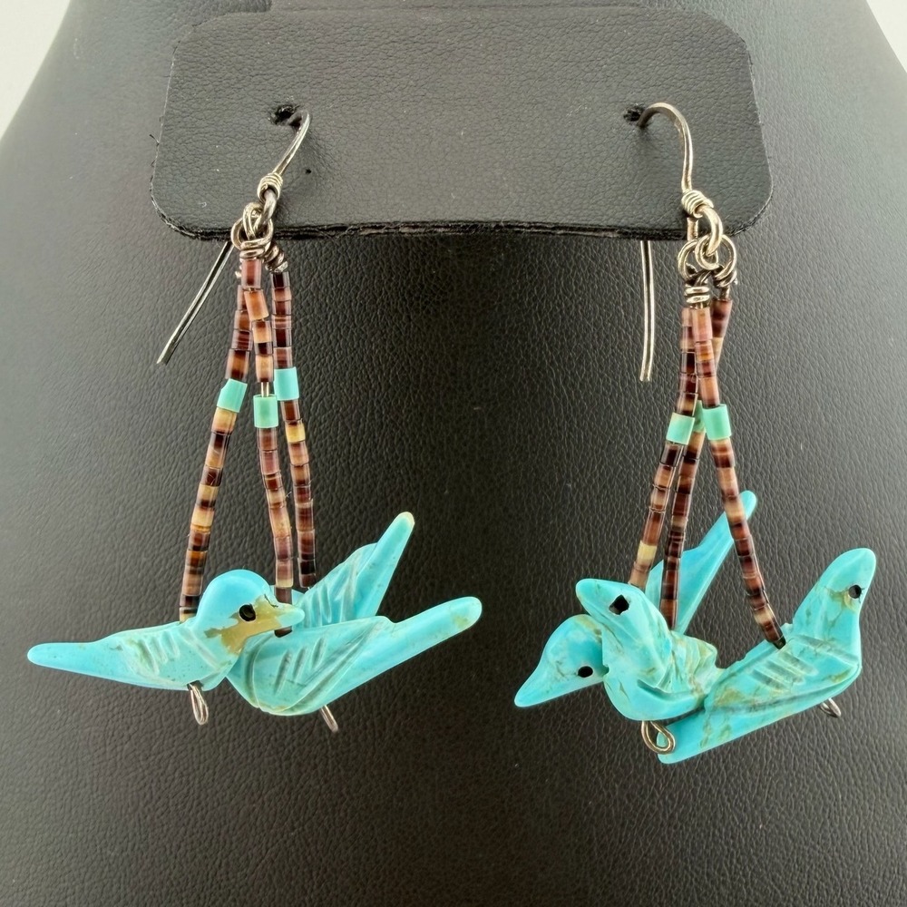 Native American Zuni Fetish Turquoise Bird Dangle Earrings Heishi Shell Boho